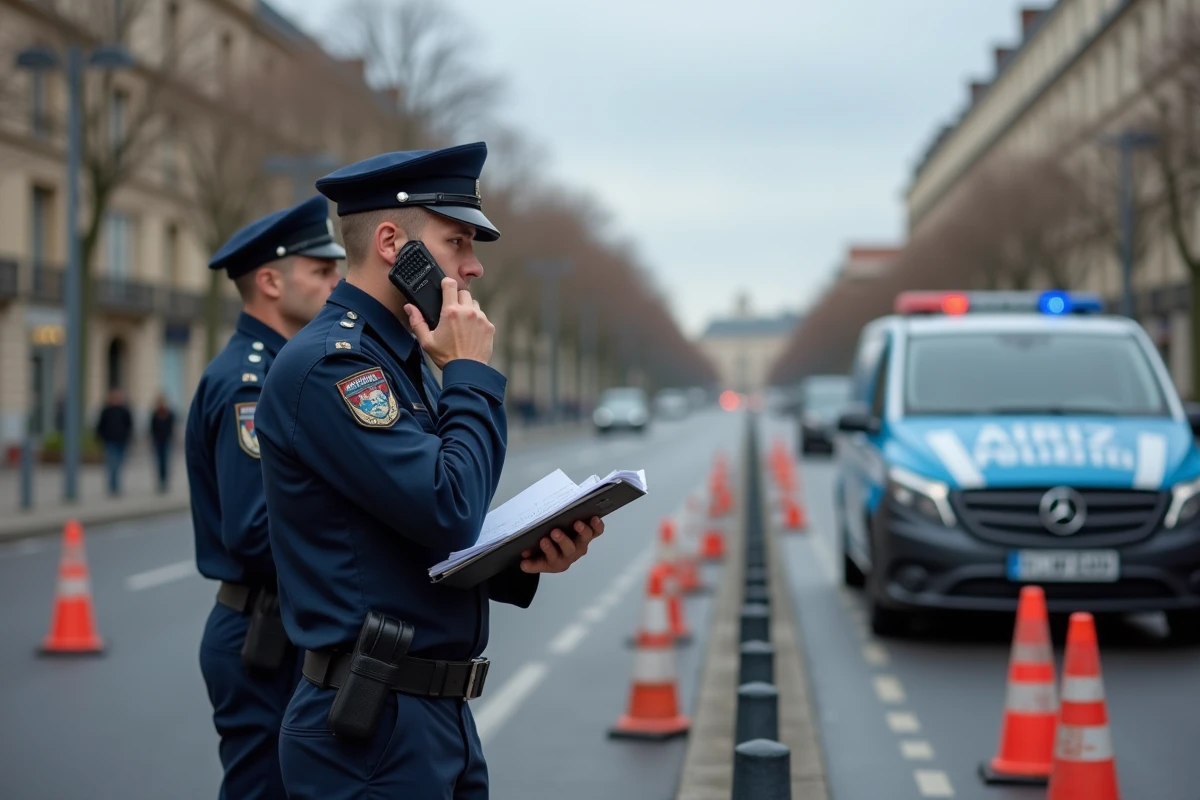Policiers français en intervention sur les lieux d'un accident de la route à Toulouse, forces de l'ordre coordonnant les opérations