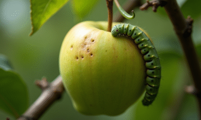 Pomme verte abîmée avec chenille sur la branche