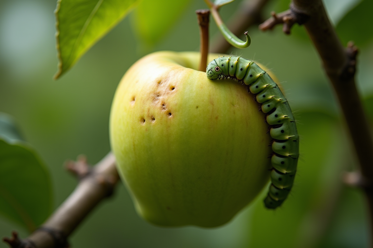 Pomme verte abîmée avec chenille sur la branche
