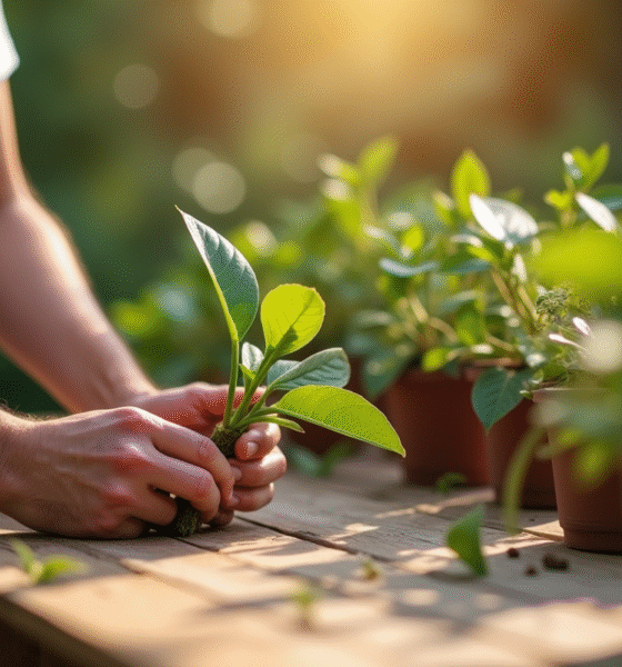 Mains préparant un rameau d'oleander en plein air