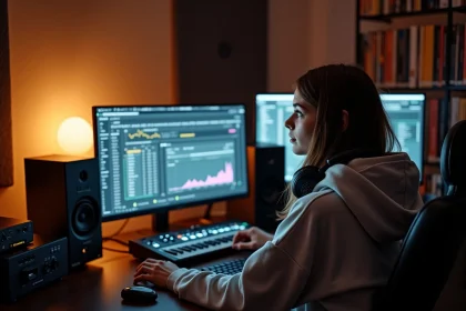 Productrice de musique électronique analysant ses statistiques de réseaux sociaux dans son home studio avec contrôleurs MIDI et écrans DAW