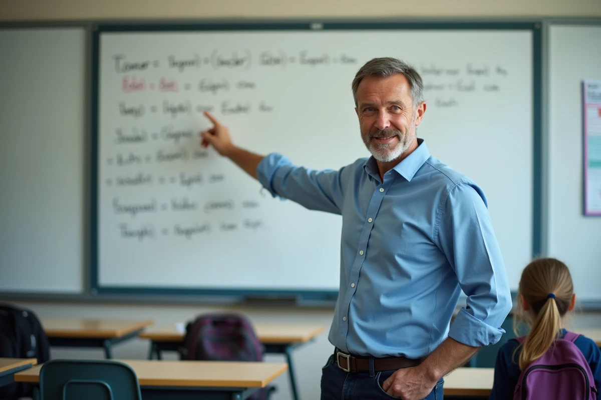 Professeur de sciences expliquant des exercices corrigés de conversion millilitres au tableau en classe