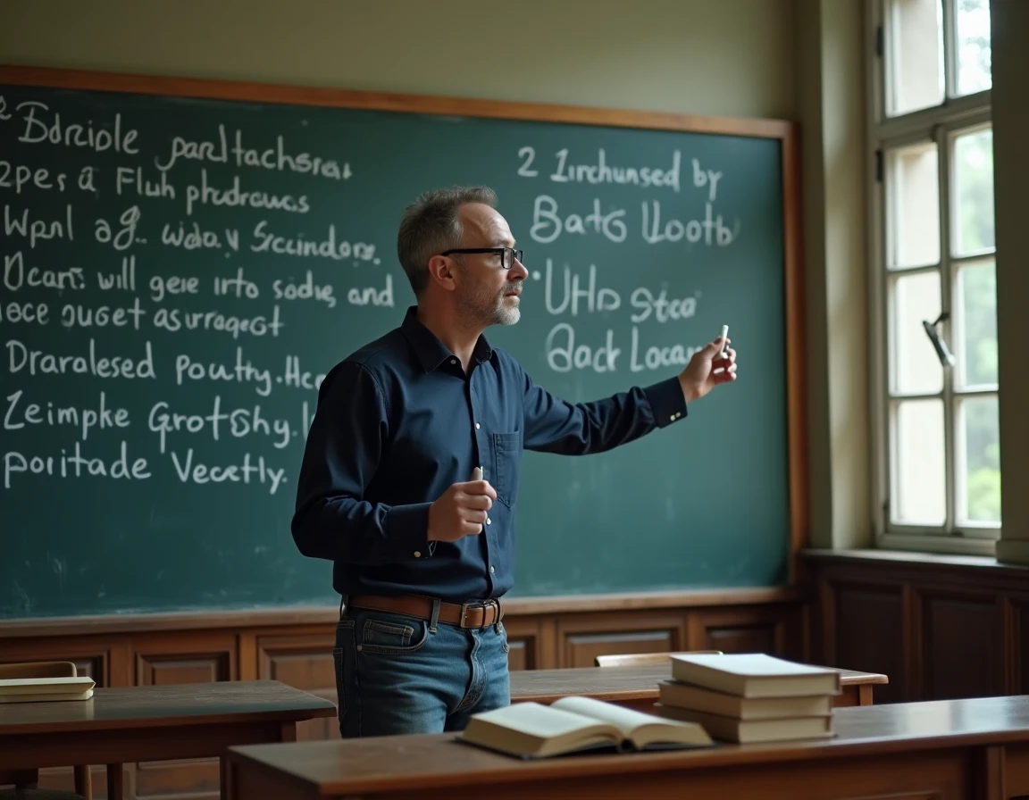 Professeur de littérature expliquant la structure d'un huitain au tableau dans une salle de classe universitaire