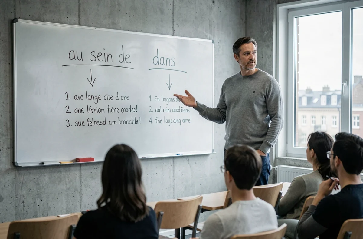 Professeur expliquant la différence entre 'au sein de' et 'dans' sur un tableau blanc dans une salle de classe moderne