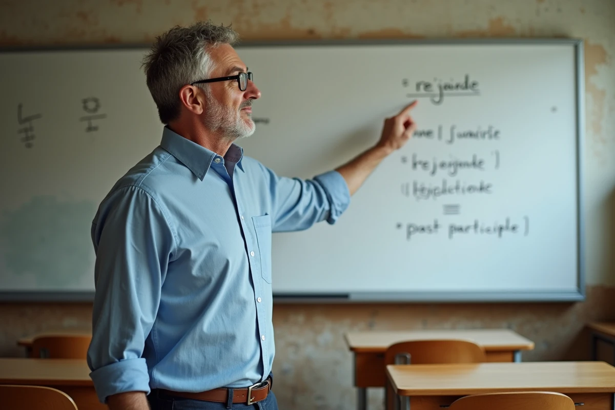 Professeur expliquant le participe passé du verbe rejoindre devant un tableau blanc dans une salle de classe