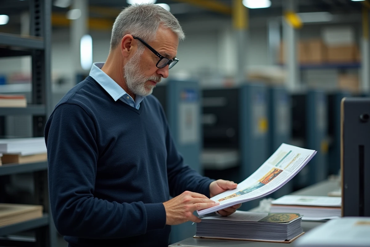 Professionnel de l'édition inspectant une épreuve d'impression de couverture de livre dans un atelier typographique