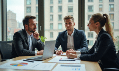 Trois professionnels en réunion dans un bureau lumineux