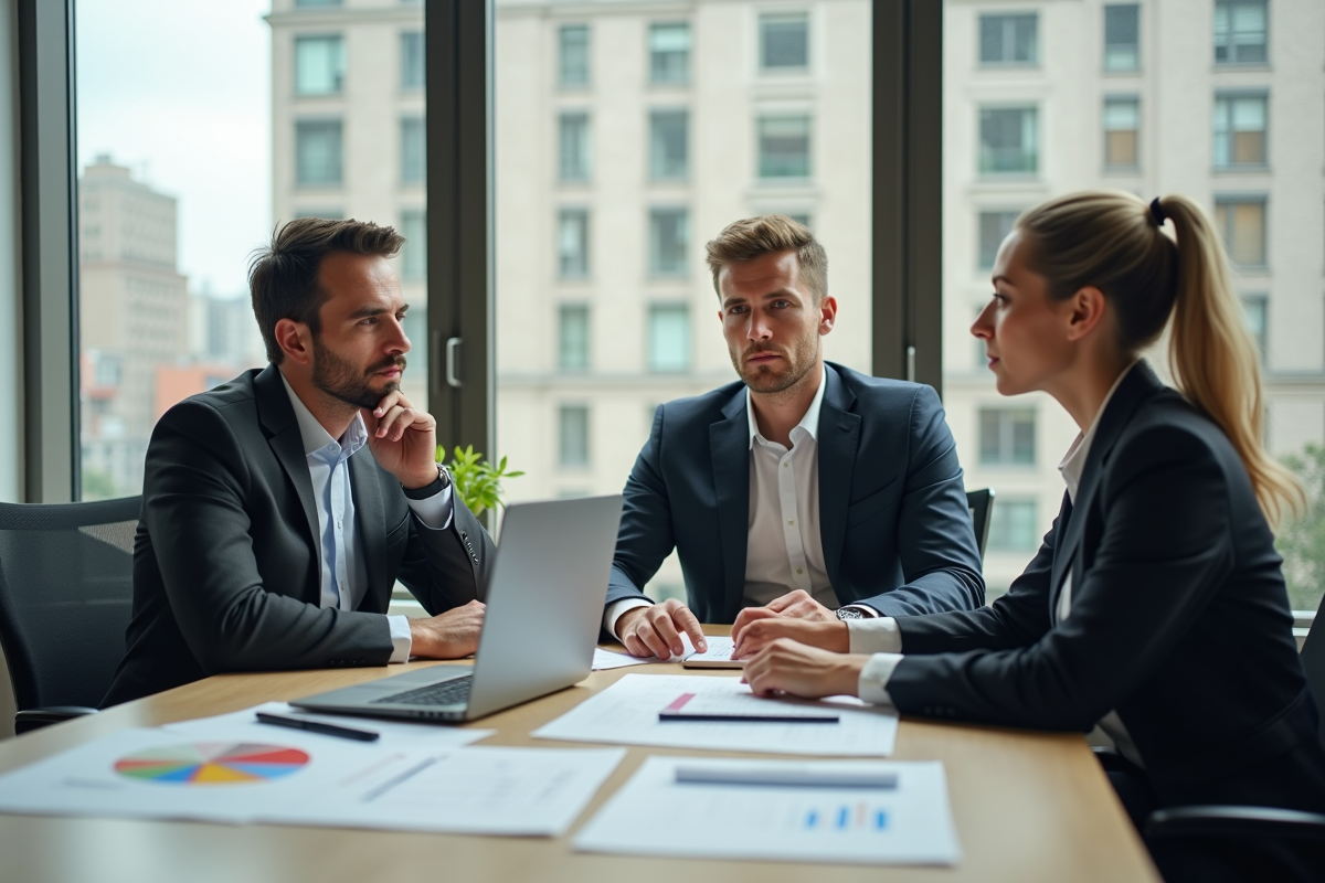 Trois professionnels en réunion dans un bureau lumineux