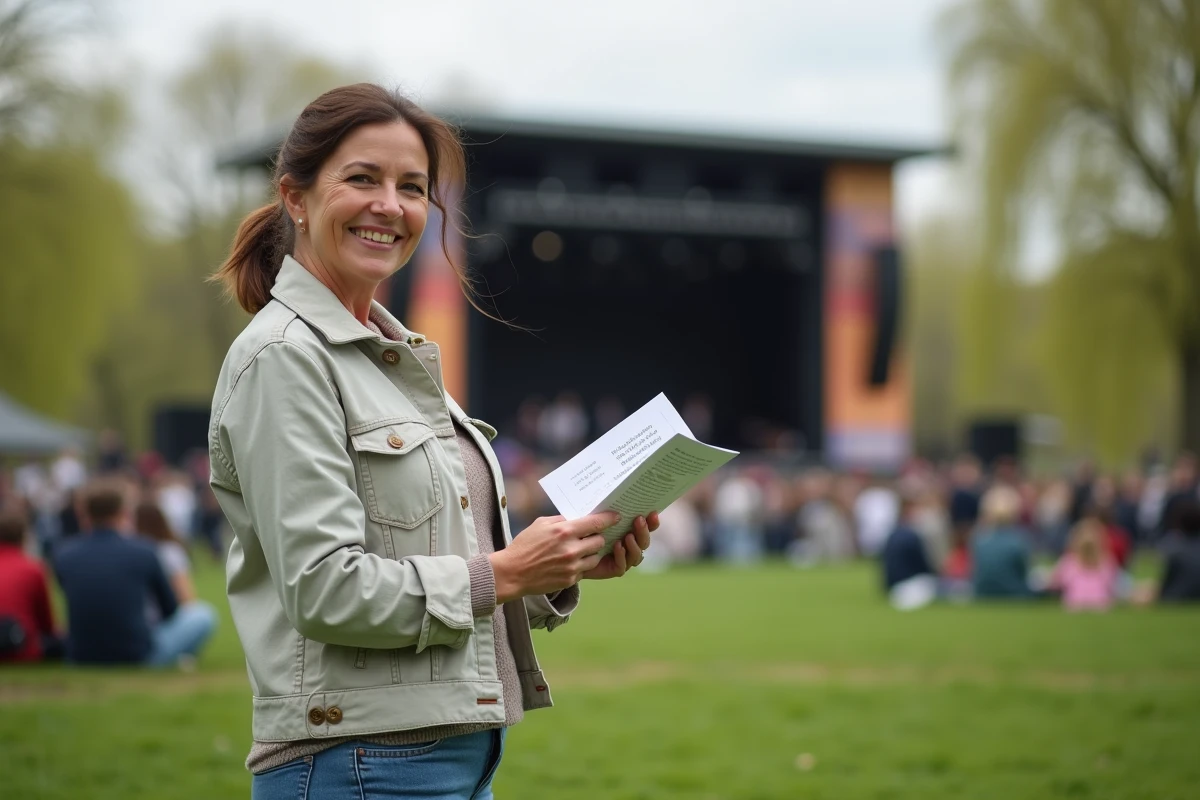 Femme consultant le programme d'un événement gratuit dans un parc alsacien au printemps