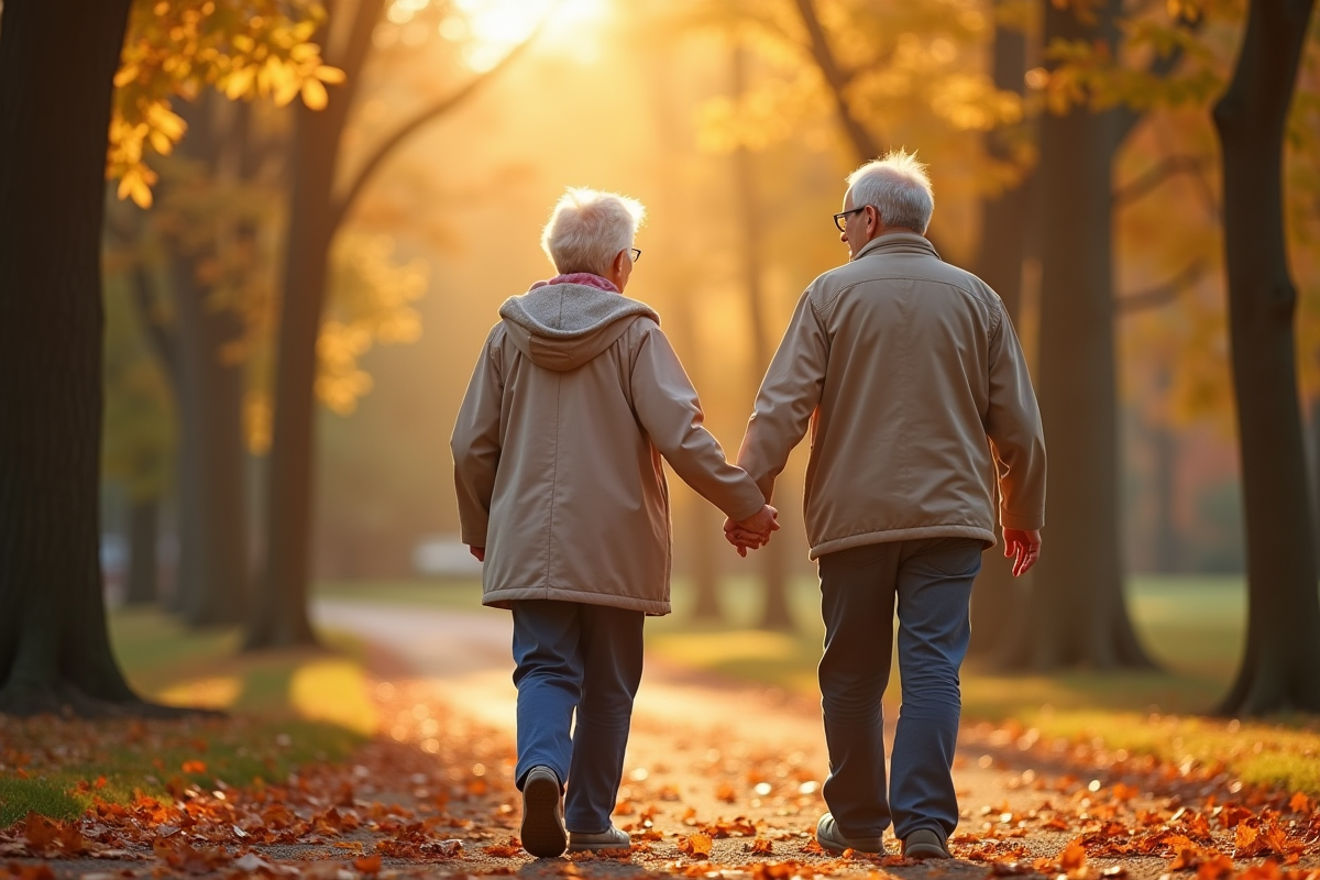Couple de seniors marchant dans un parc en automne