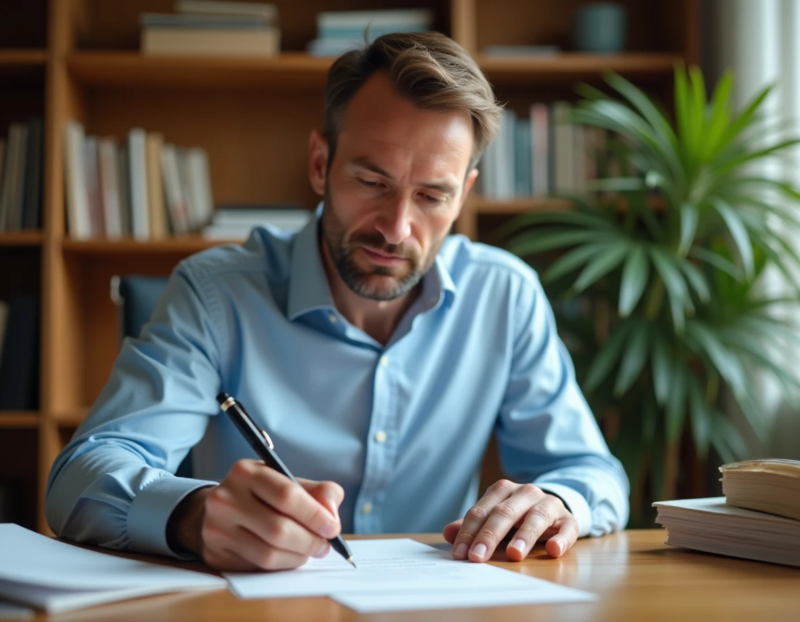 Homme rédigeant une lettre recommandée de résiliation à son bureau à domicile