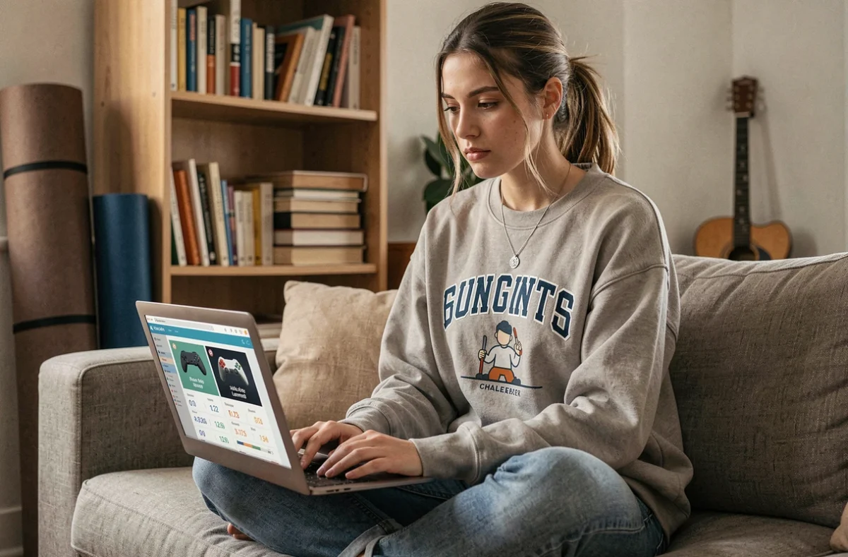 Jeune femme pensive regardant les heures de jeu perdues sur LoL avec des activités non pratiquées en arrière-plan