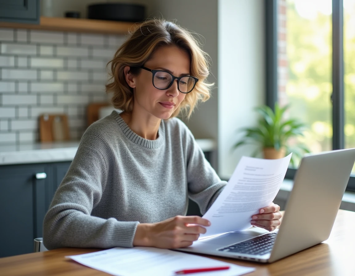 Femme relisant attentivement un modèle de lettre de résiliation de contrat à la maison