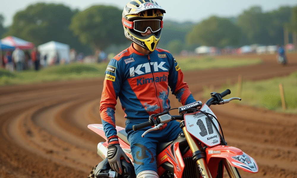 Jeune homme en tenue de motocross avec pit bike sur piste en plein air