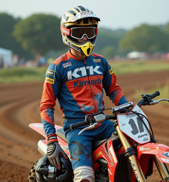 Jeune homme en tenue de motocross avec pit bike sur piste en plein air