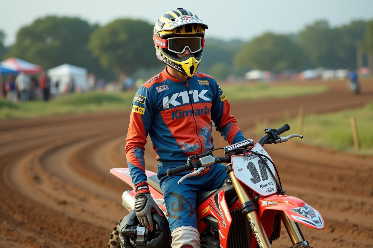 Jeune homme en tenue de motocross avec pit bike sur piste en plein air