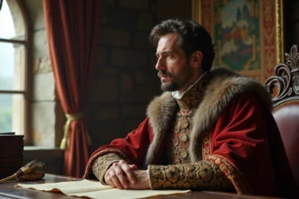 Acteur en costume de roi Charles VI dans un décor médiéval