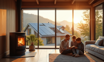 Salon moderne avec poêle à pellets et famille chaleureuse