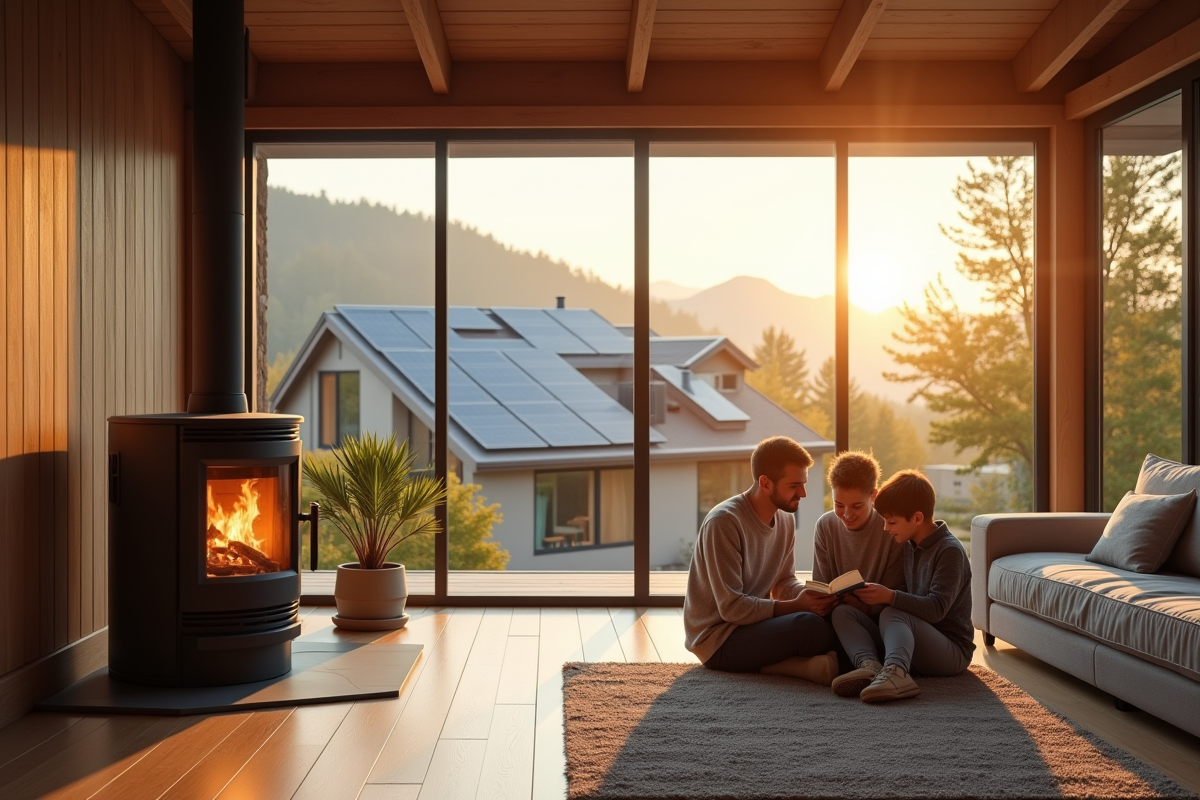 Salon moderne avec poêle à pellets et famille chaleureuse