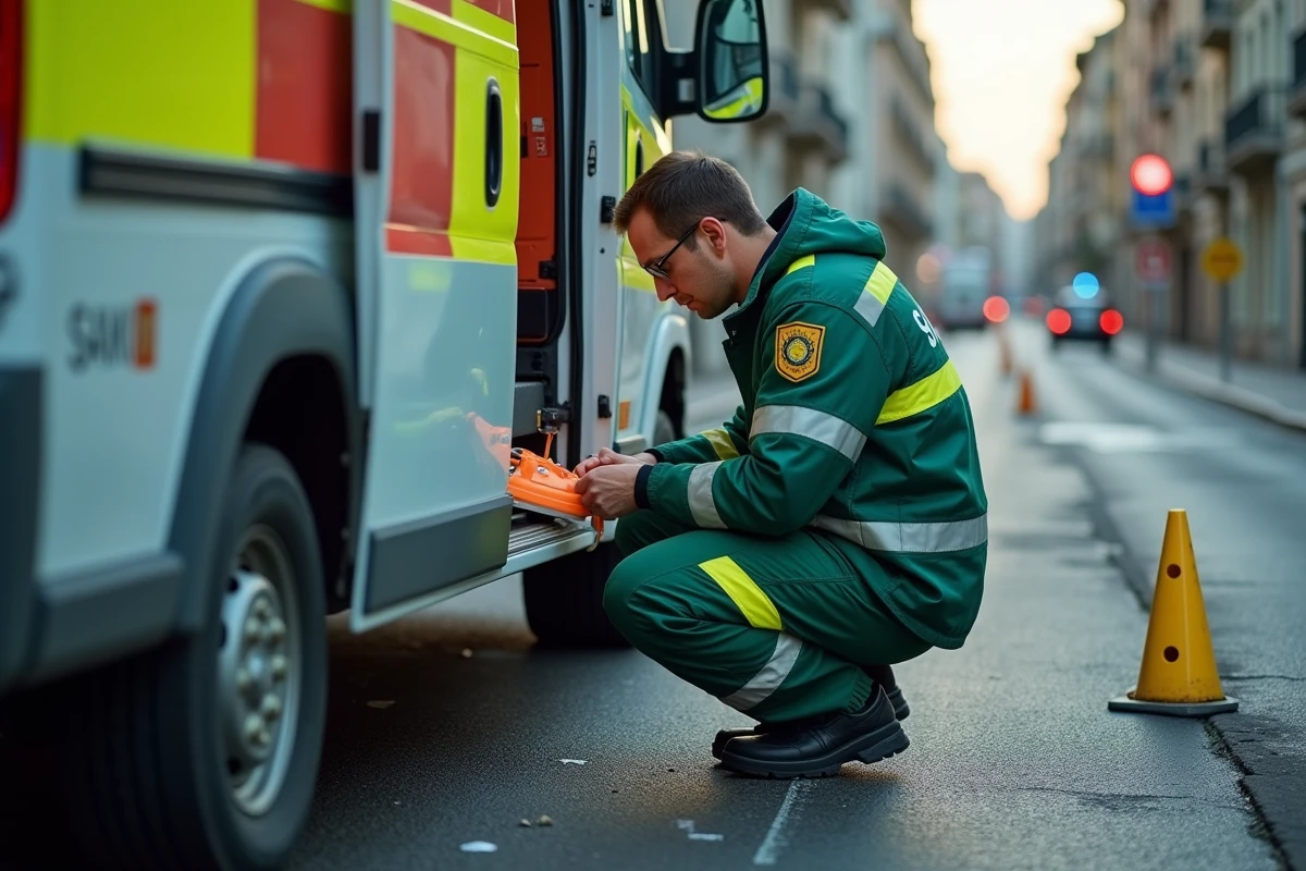 Technicien SAMU en intervention d'urgence à Toulouse, ambulancier préparant le matériel médical sur les lieux d'un accident mortel