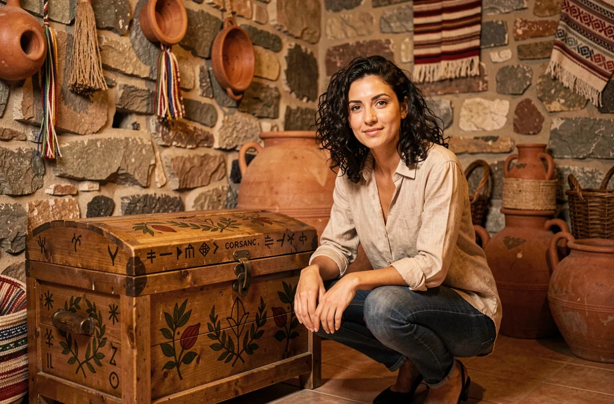 Femme explorant un coffre en bois décoré de motifs corses dans la salle de l'escape game Scappa, made in Corsica