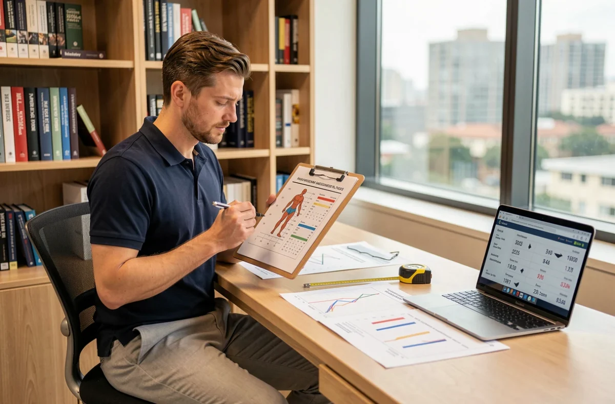 Analyste sportif consultant des fiches de mensurations officielles sur un bureau avec ruban à mesurer et données anthropométriques