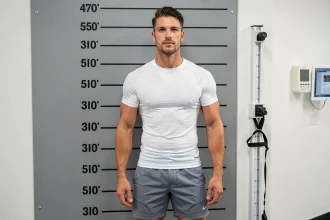 Athlète masculin mesuré contre un mur de mesure officiel dans une salle de médecine sportive, mensurations détaillées