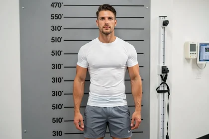 Athlète masculin mesuré contre un mur de mesure officiel dans une salle de médecine sportive, mensurations détaillées