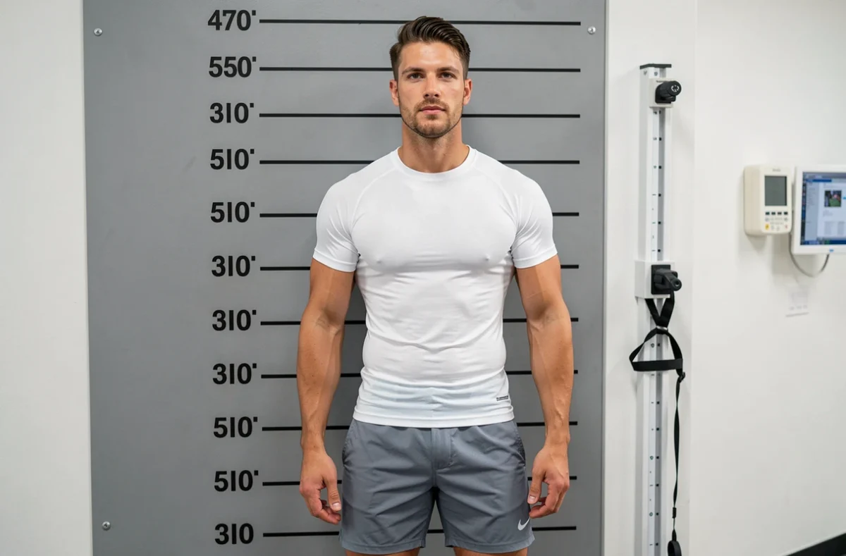 Athlète masculin mesuré contre un mur de mesure officiel dans une salle de médecine sportive, mensurations détaillées