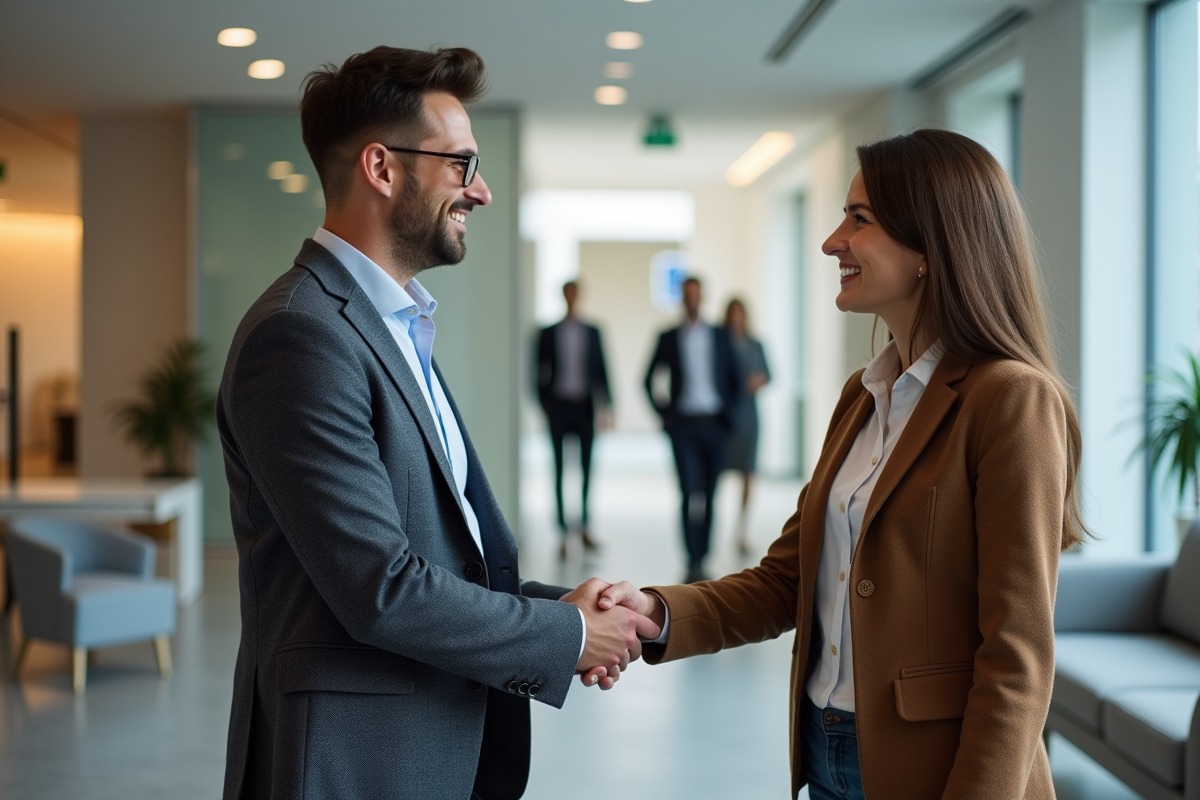 Deux adultes en réunion d'affaires dans un lobby moderne