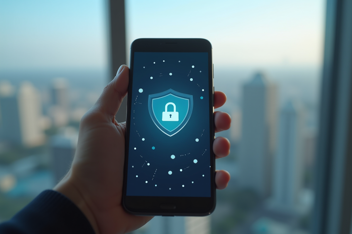 Smartphone affichant une interface VPN avec vue urbaine en arrière-plan