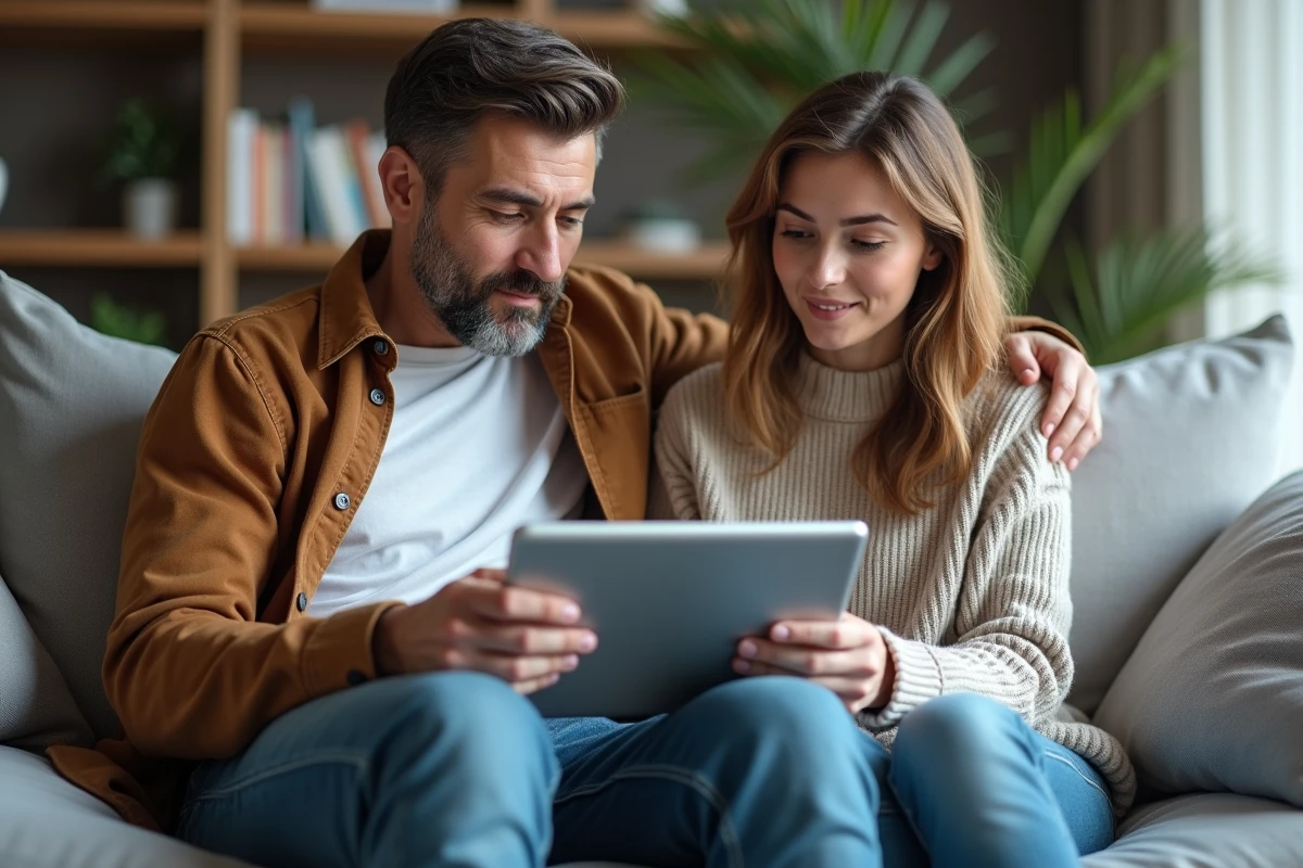 Deux joueurs collaborant sur les solutions chapitre par chapitre du jeu Rooms et Exit sur tablette