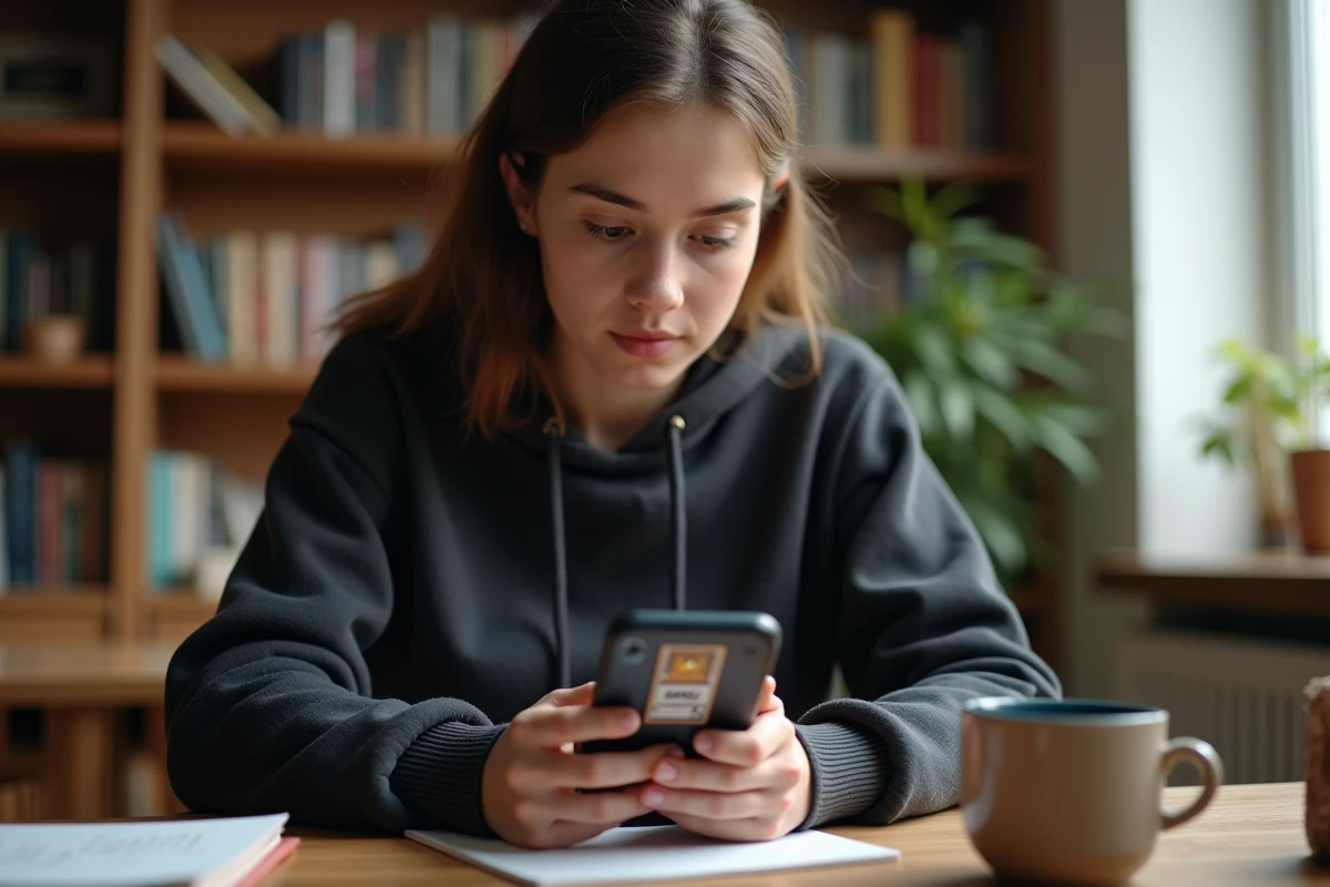 Jeune femme analysant un guide de solution pour le jeu mobile Rooms et Exit sur smartphone