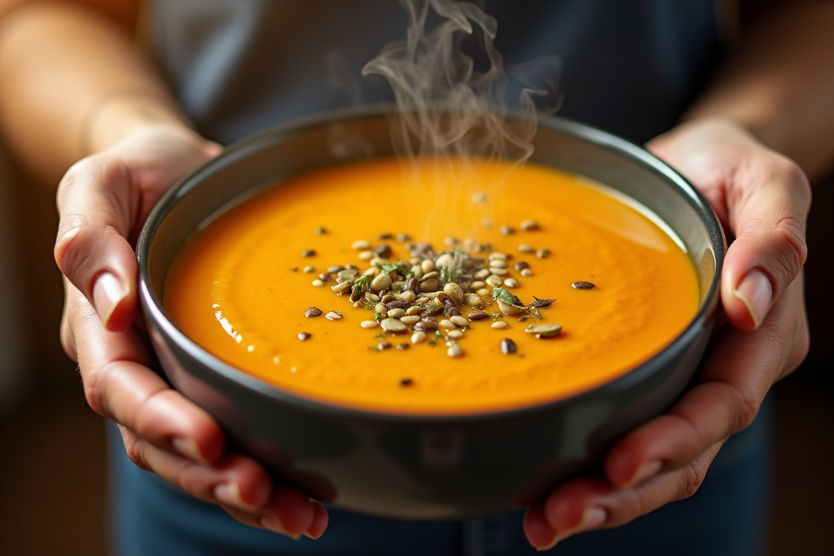 Mains tenant un bol de soupe de potiron chaude et crémeuse