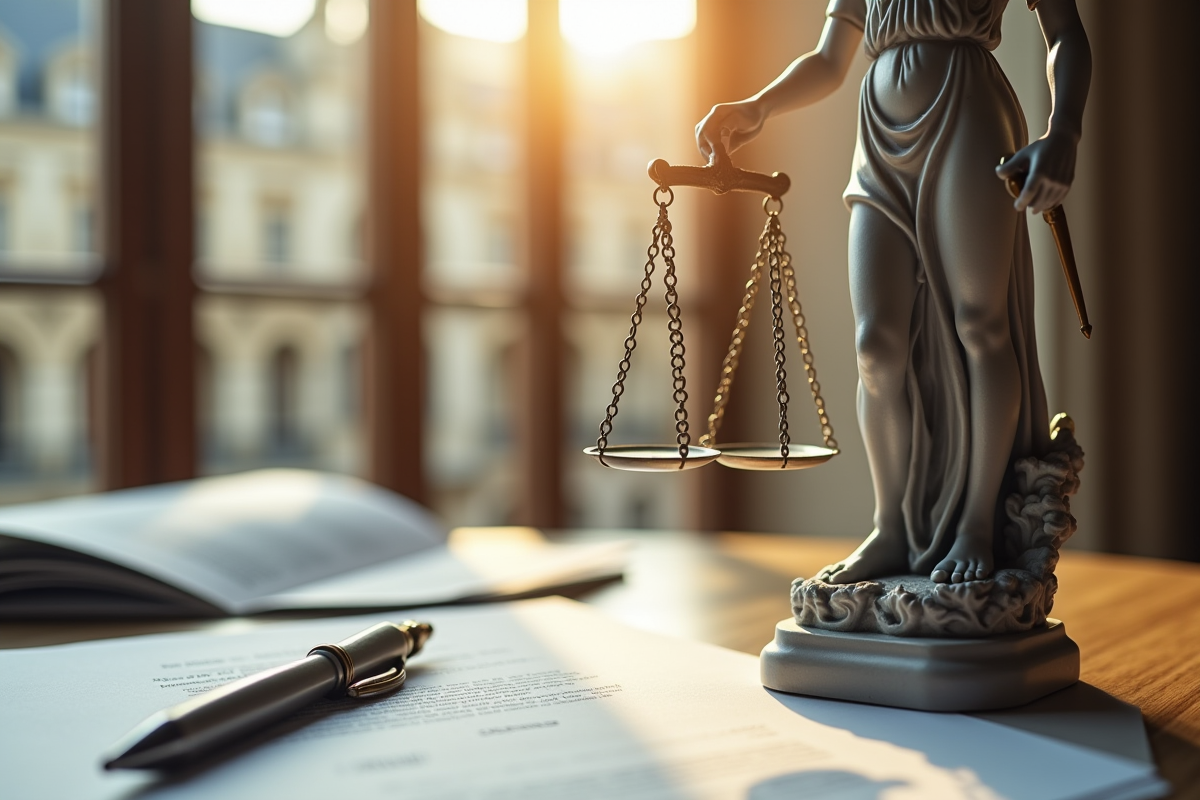 Statue de Justice en marbre avec documents juridiques en premier plan