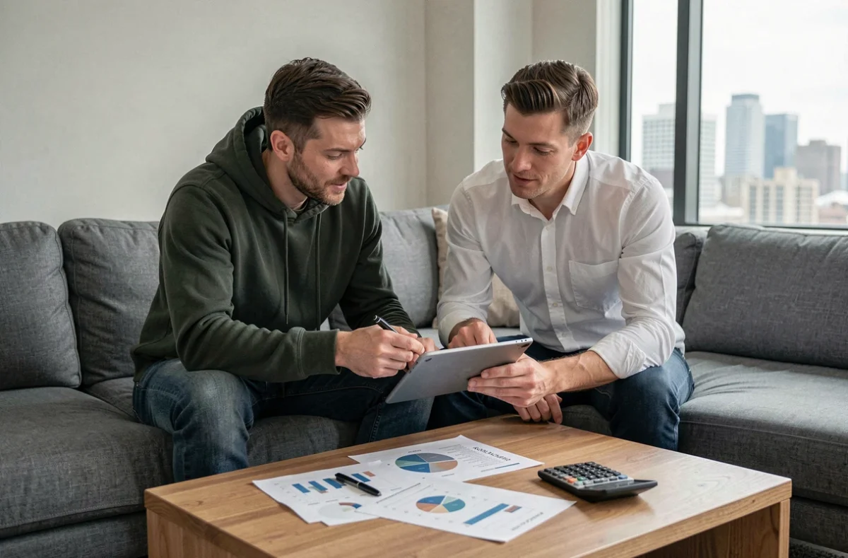 Deux hommes discutant d'une stratégie de gestion de bankroll autour d'une tablette et de graphiques imprimés dans un salon moderne