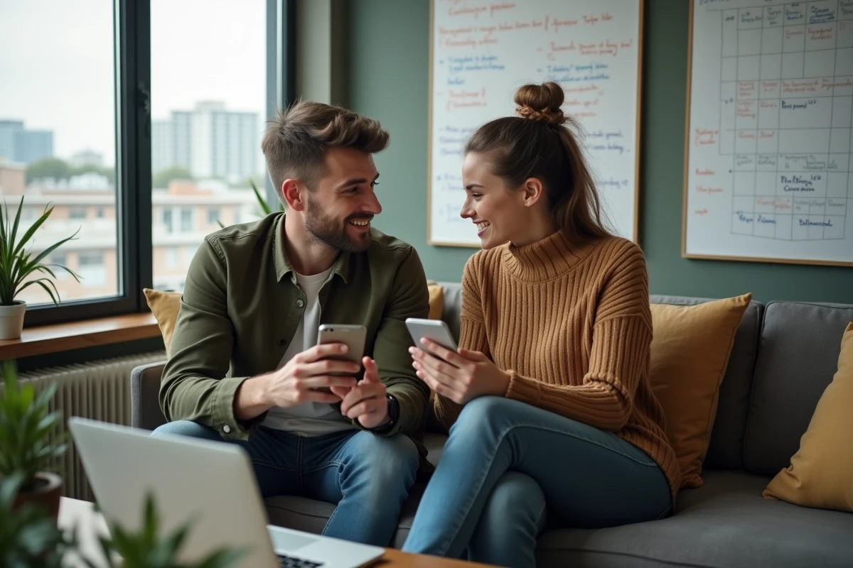 Deux producteurs de musique électronique élaborant une stratégie de contenu pour réseaux sociaux dans un espace de coworking créatif