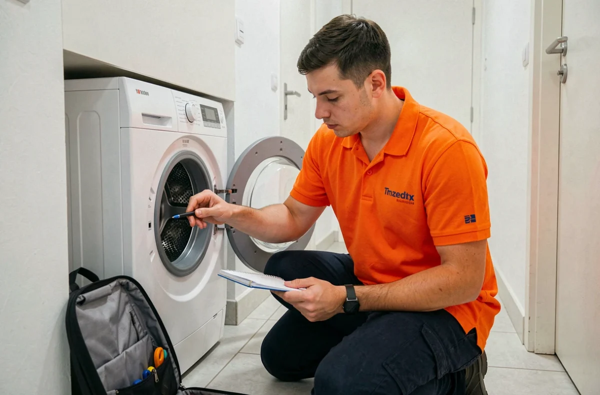 Technicien Supporter inspectant le tambour d'un lave-linge dans un appartement de particulier en Gironde