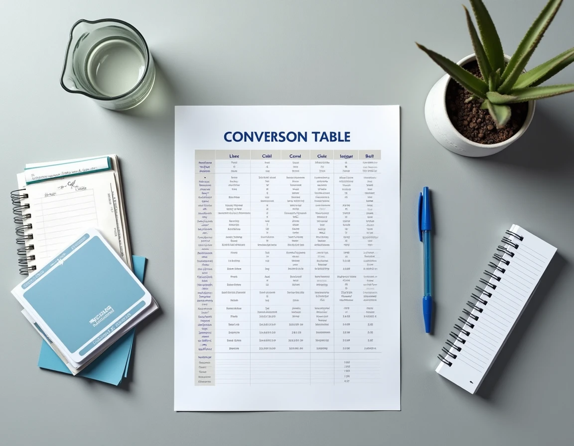 Vue de dessus d'un tableau de conversion litres en mètres cubes imprimé sur bureau avec outils de mesure