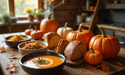 Table rustique avec plats de potiron et feuilles d'automne