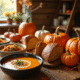 Table rustique avec plats de potiron et feuilles d'automne