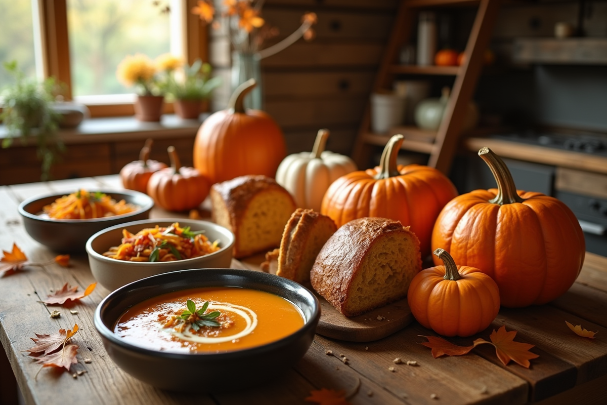 Table rustique avec plats de potiron et feuilles d'automne