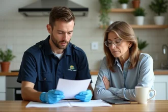Technicien en pest control expliquant un contrat à une cliente dans la cuisine
