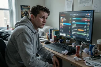 Jeune homme fatigué devant un écran affichant les heures perdues sur League of Legends dans une chambre encombrée