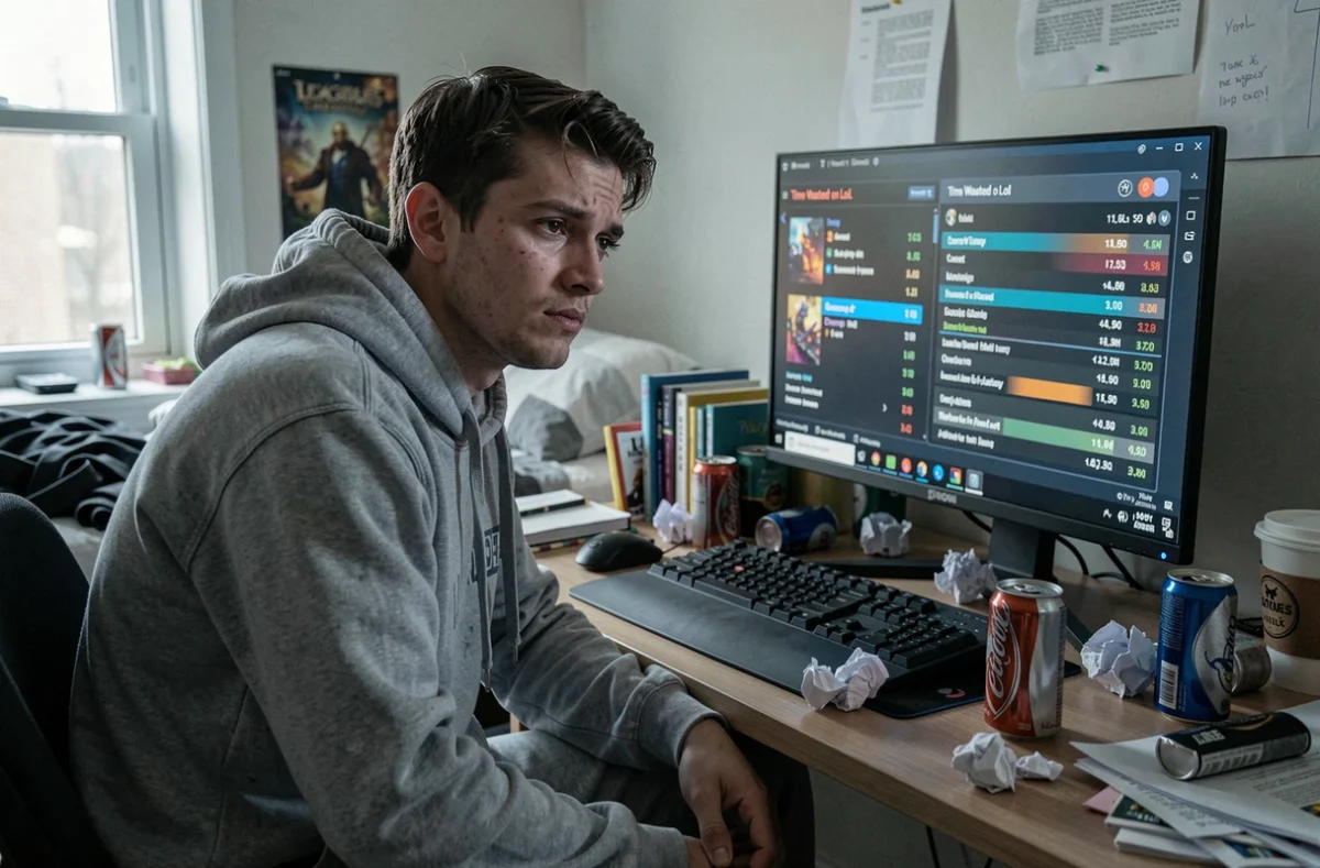 Jeune homme fatigué devant un écran affichant les heures perdues sur League of Legends dans une chambre encombrée