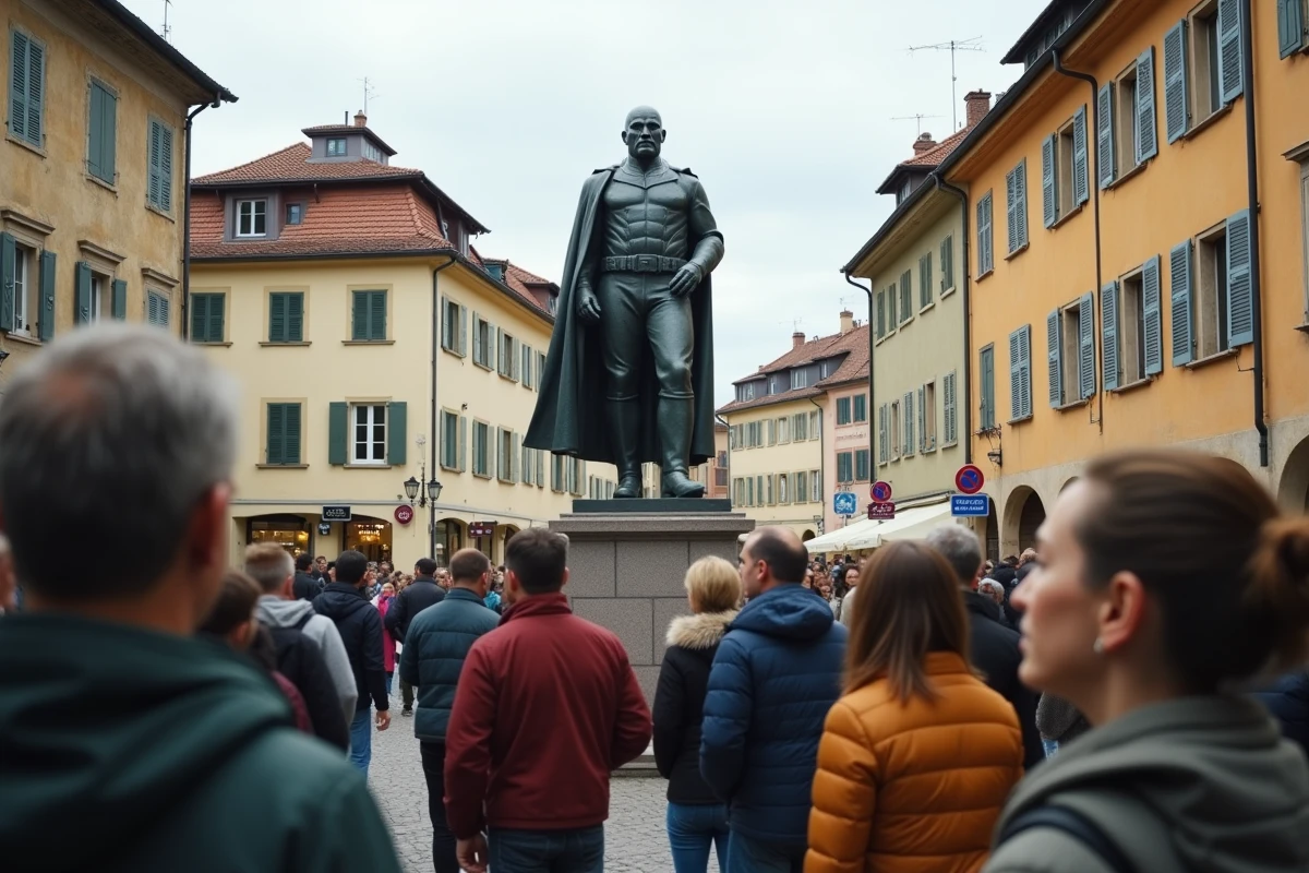 Paysans et habitants devant la statue de Doom