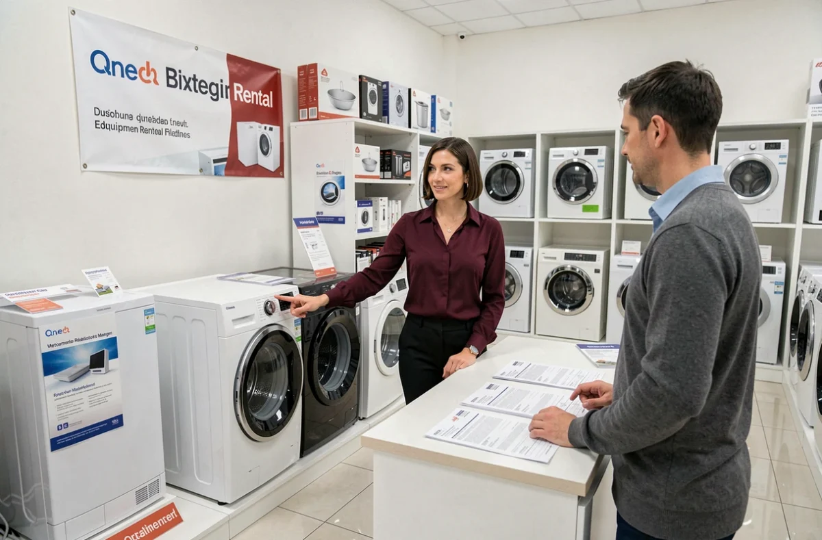 Conseillère d'Univers Location présentant un appareil électroménager en location à un client dans un showroom