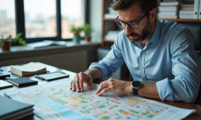 Urbaniste en réunion avec carte de zonage colorée