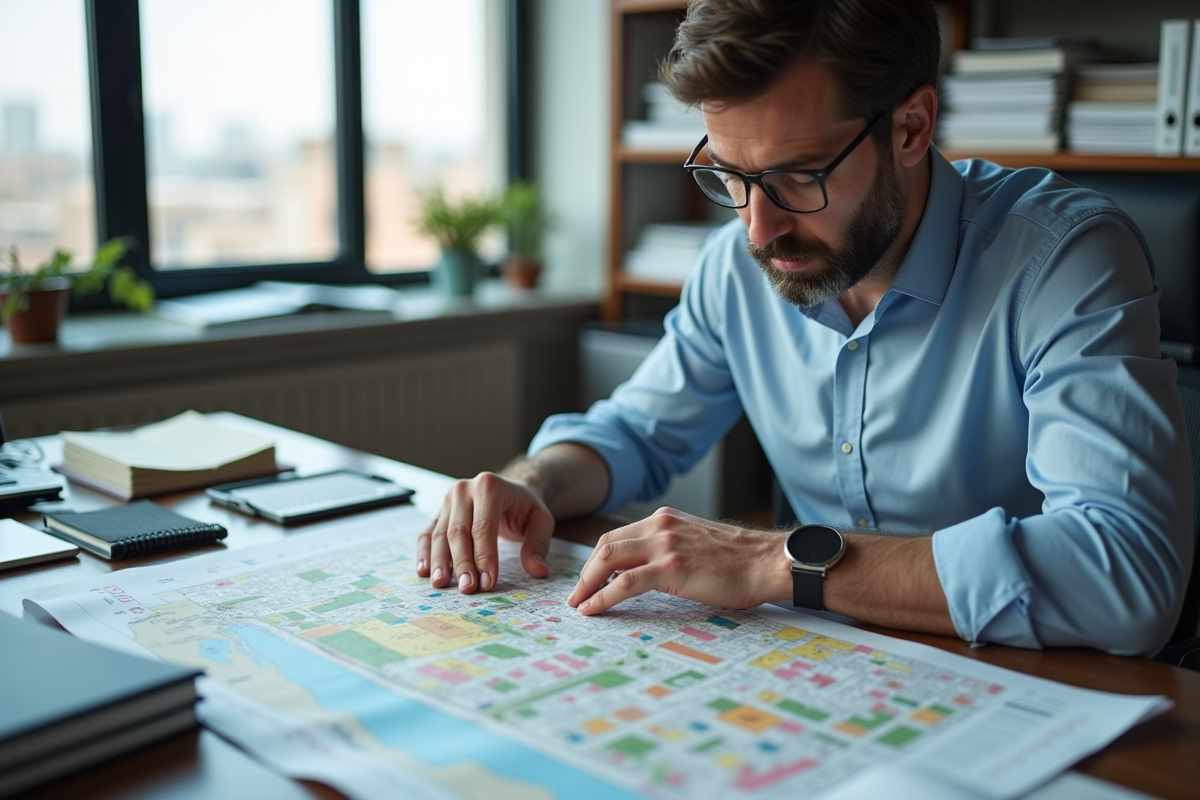 Urbaniste en réunion avec carte de zonage colorée