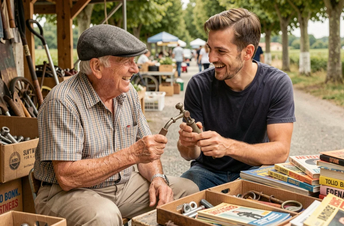 Vendeur âgé et acheteur discutant autour d'un objet vintage dans un vide grenier du 82